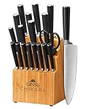 Ginsu Gourmet Chikara Series Forged 19-Piece Japanese Steel Knife Set – Cutlery Set with 420J Stainless Steel Kitchen Knives – Bamboo Finish Block, 07133DS